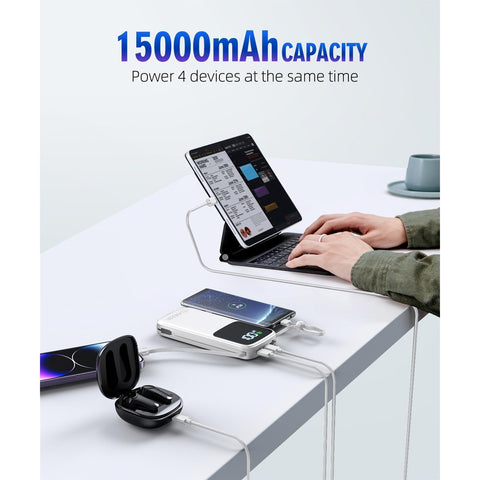 Portable-Charger-15000mAh Power-Bank - Supports PD 30W Fast Charging Built-in AC Wall Plug and 2 Output Cables with LED Display for Most Electronic Devices(Black)