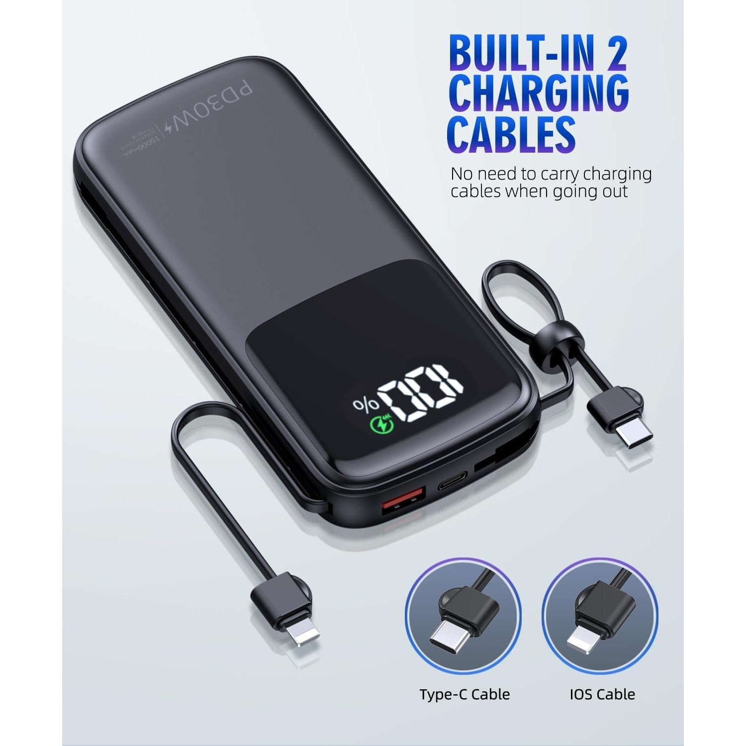 15000mAh Portable-Charger Power Bank Supports PD 30W Fast Charging Built-in AC Wall Plug and 2 Output Cables with LED Display for Most Electronic Devices(White)