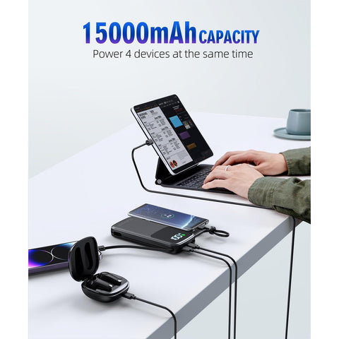 15000mAh Portable-Charger Power Bank Supports PD 30W Fast Charging Built-in AC Wall Plug and 2 Output Cables with LED Display for Most Electronic Devices(White)