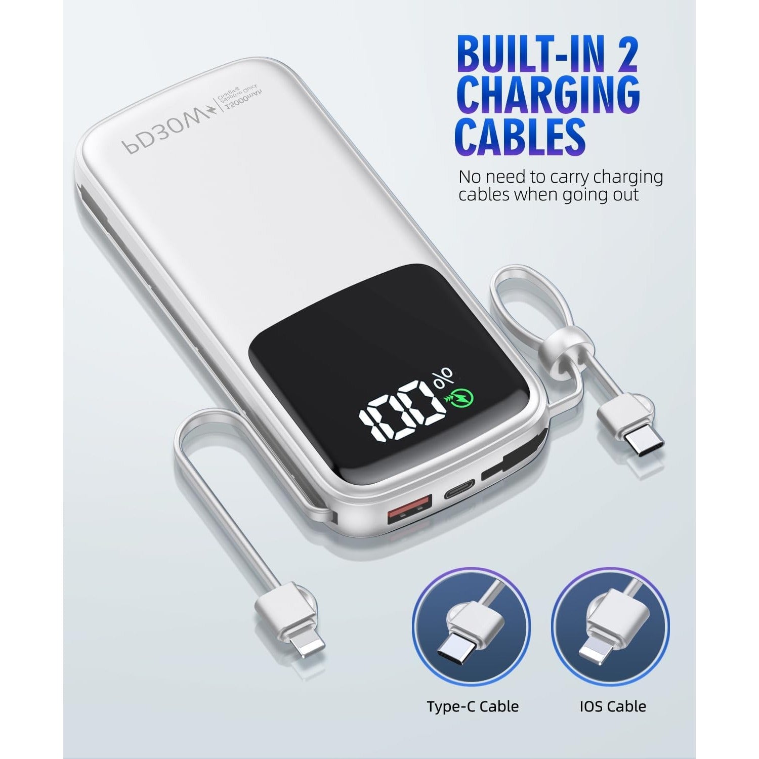 Portable-Charger-15000mAh Power-Bank - Supports PD 30W Fast Charging Built-in AC Wall Plug and 2 Output Cables with LED Display for Most Electronic Devices(Black)