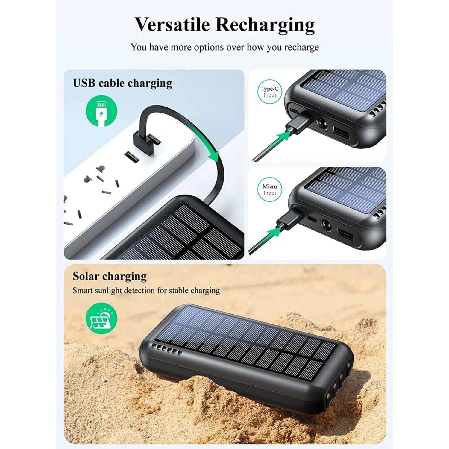 Solar Charger 40000mAh High Capacity Mobile Power Built-in 3 Output Cables and 1 Input Cable and Flashlight 5V3.1A Rapid Charger Compatible with All Smartphones and Devices