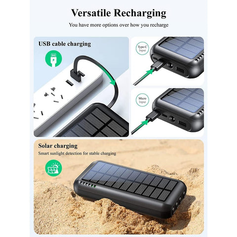 Solar Charger 40000mAh High Capacity Mobile Power Built-in 3 Output Cables and 1 Input Cable and Flashlight 5V3.1A Rapid Charger Compatible with All Smartphones and Devices
