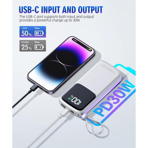 15000mAh Portable-Charger Power Bank Supports PD 30W Fast Charging Built-in AC Wall Plug and 2 Output Cables with LED Display for Most Electronic Devices(White)