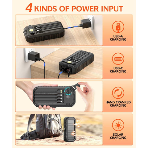 Solar Charger Power Bank 40000mAh Built in 4 Cables and Hand Crank,  22.5W Fast Charger 6 Outputs & 4 Inputs External Battery Pack with Bright Flashlight and Compass