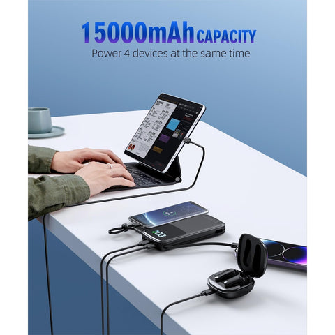 Portable Charger, 15000mAh Battery Pack Fast Charging Lightweight, Built-in AC Wall Plug and 2 Output Cables with LED Display for iPhone15 14 13 12 11 Samsung iPad etc
