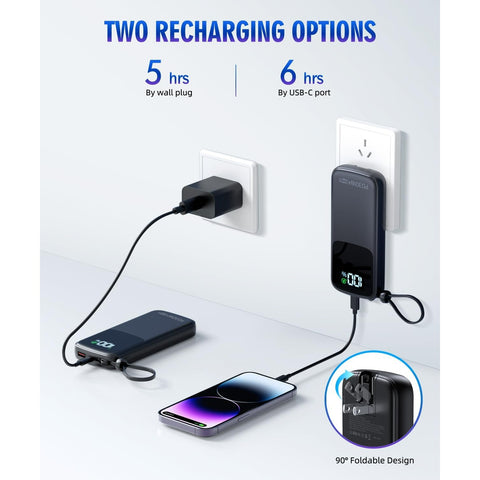 Portable-Charger-15000mAh Power-Bank - Supports PD 30W Fast Charging Built-in AC Wall Plug and 2 Output Cables with LED Display for Most Electronic Devices(Black)