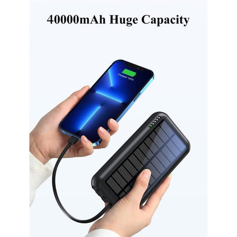 Solar Charger 40000mAh High Capacity Mobile Power Built-in 3 Output Cables and 1 Input Cable and Flashlight 5V3.1A Rapid Charger Compatible with All Smartphones and Devices