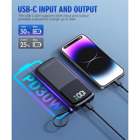 Portable Charger, 15000mAh Battery Pack Fast Charging Lightweight, Built-in AC Wall Plug and 2 Output Cables with LED Display for iPhone15 14 13 12 11 Samsung iPad etc