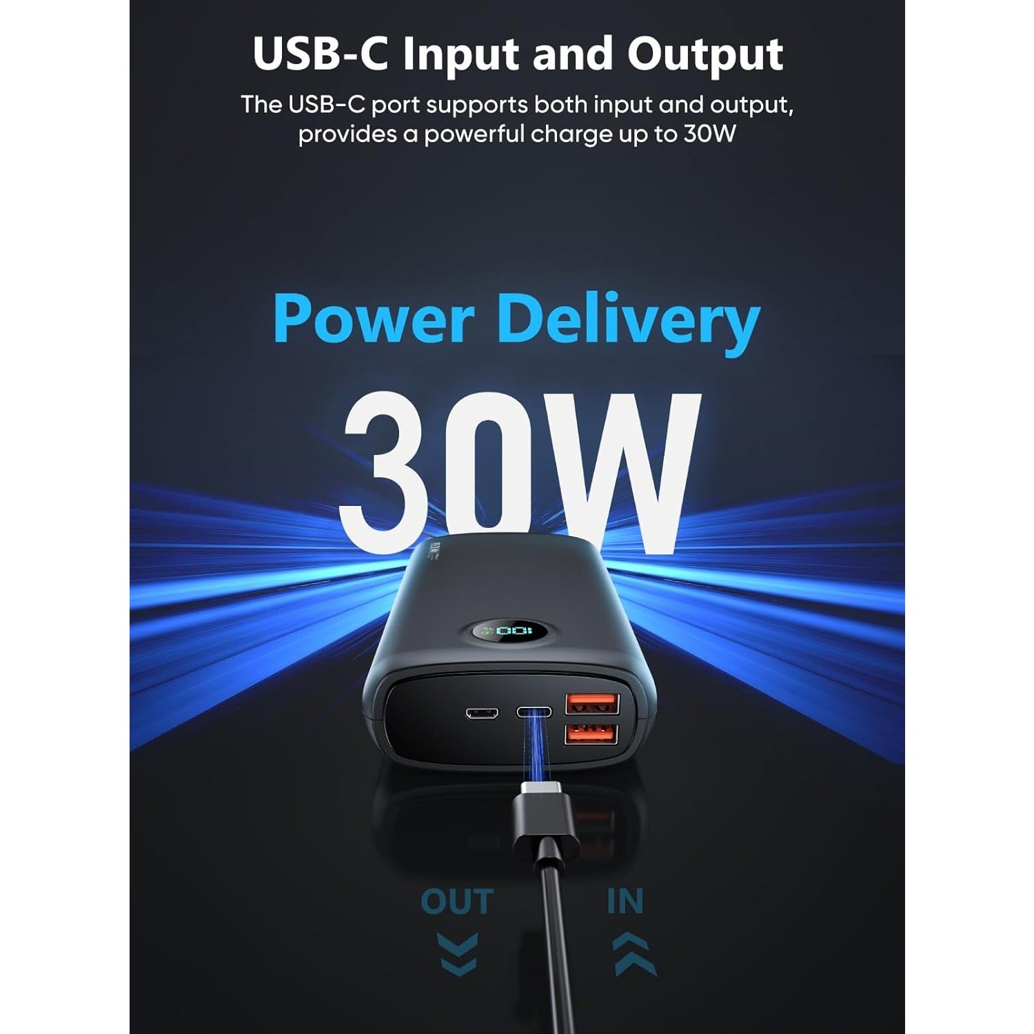 Portable Charger - 40000mAh Power Bank PD 30W and QC 4.0 Fast Charging with Flashlight LED Display 2 USB 1Type-C Outputs for Most Electronic Devices (Carbon Black)